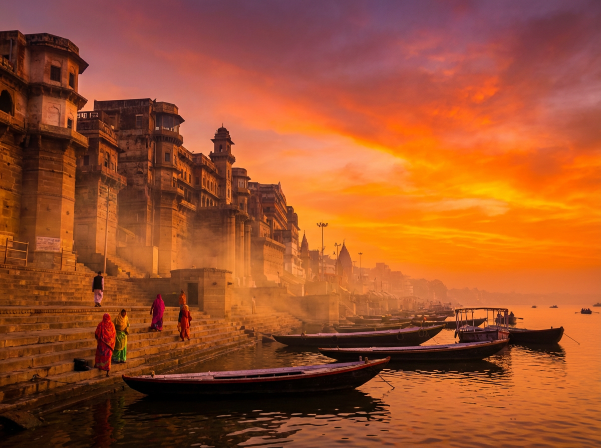 People walking on stone steps by a river with boats under a fiery sunrise.